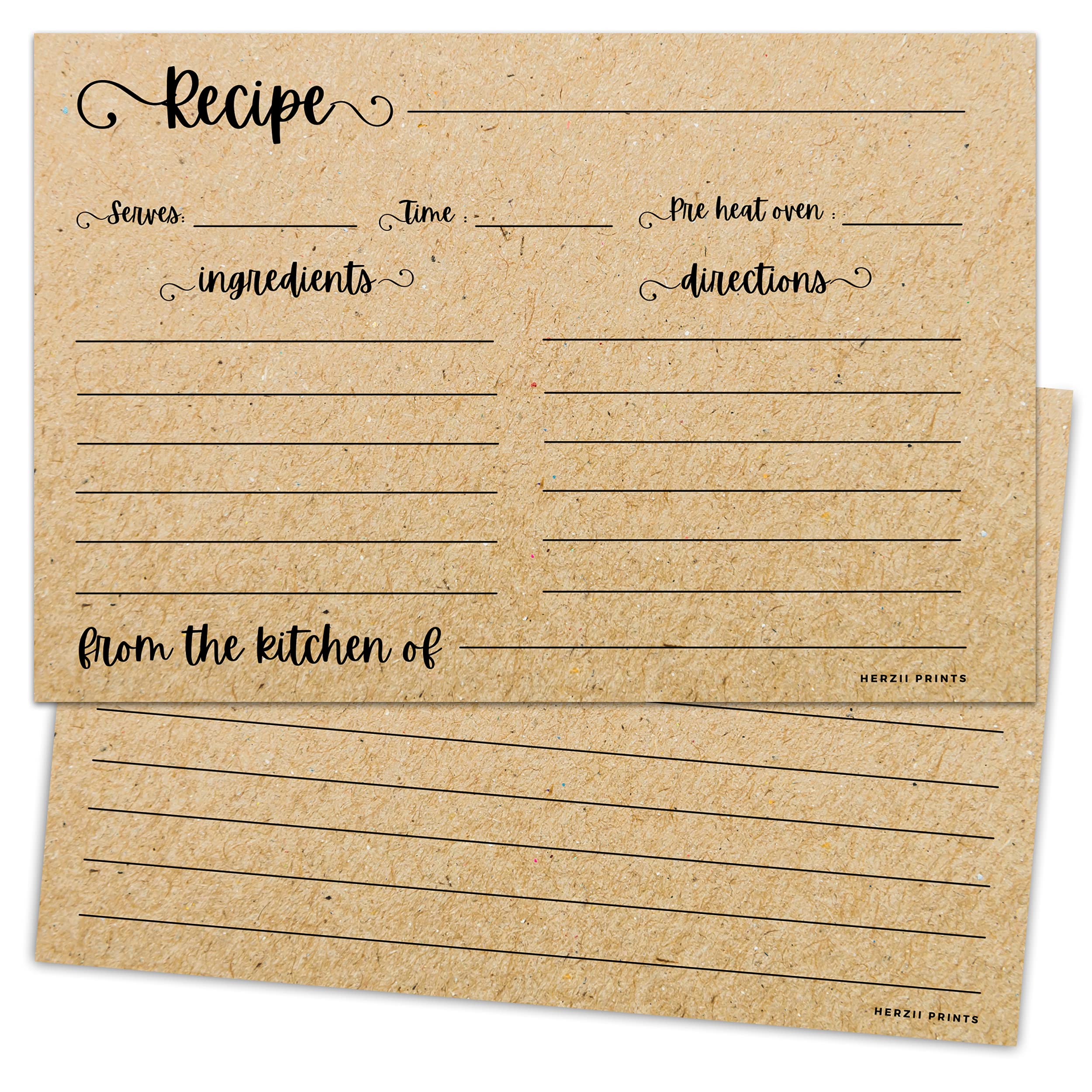 HerZii Prints Double Sided Recipe Cards 3x5 Inches, 50 Counts Durable Easy Typing - Minimal Modern (Kraft)