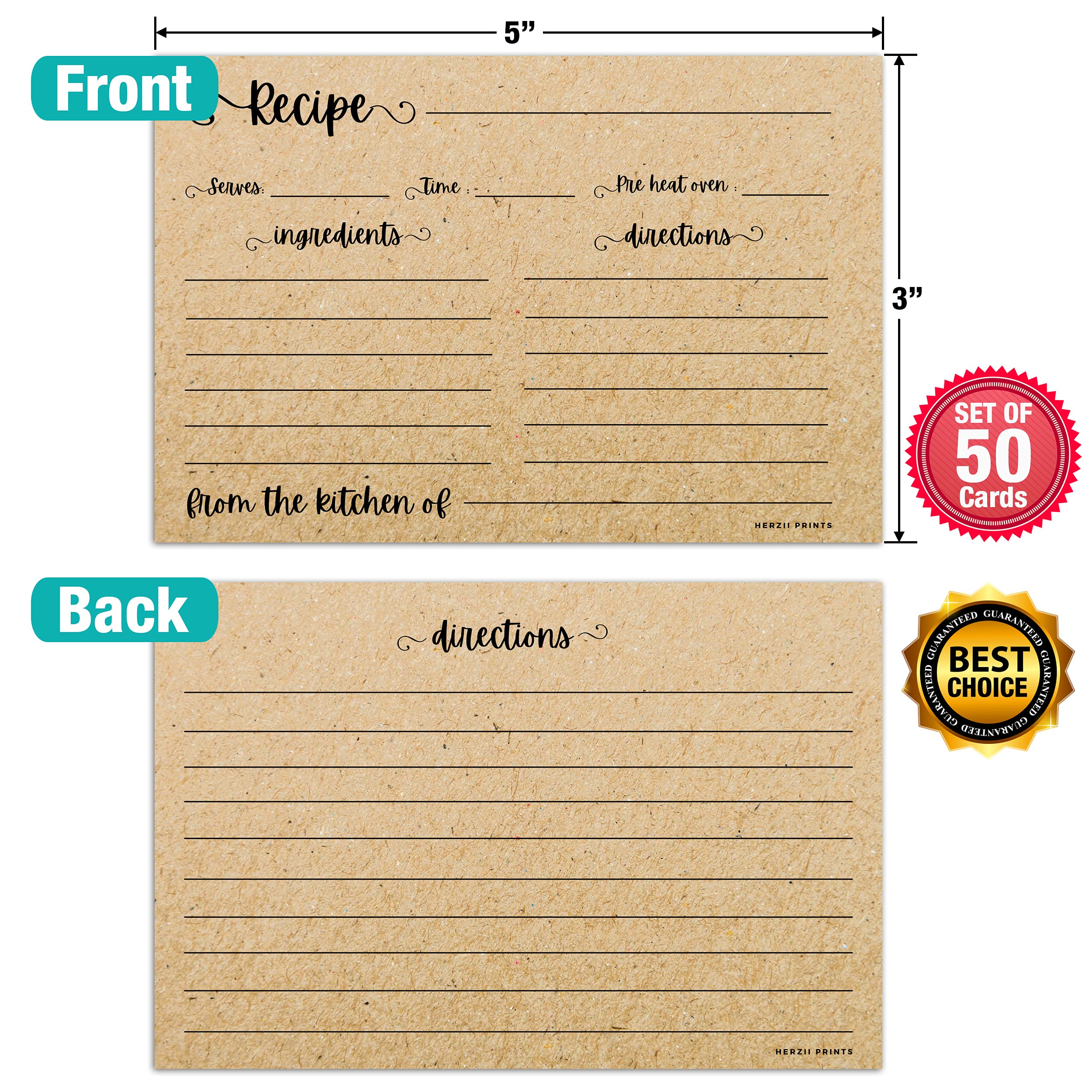 HerZii Prints Double Sided Recipe Cards 3x5 Inches, 50 Counts Durable Easy Typing - Minimal Modern (Kraft)