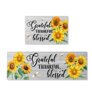 prukivra kitchen rugs and mats,non skid washable,sunflower on light wood,set of 2,anti-fatigue comfort standing mat for floor, office, sink, laundry(17"x52"+17"x26")