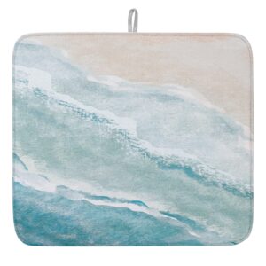 summer beach dish drying mat for kitchen counter, aqua sea waves coastal dish mat drying kitchen mat, ocean nautical baby bottle microfiber drying pad, absorbent coffee cup dishes drainer mats 16"x18"