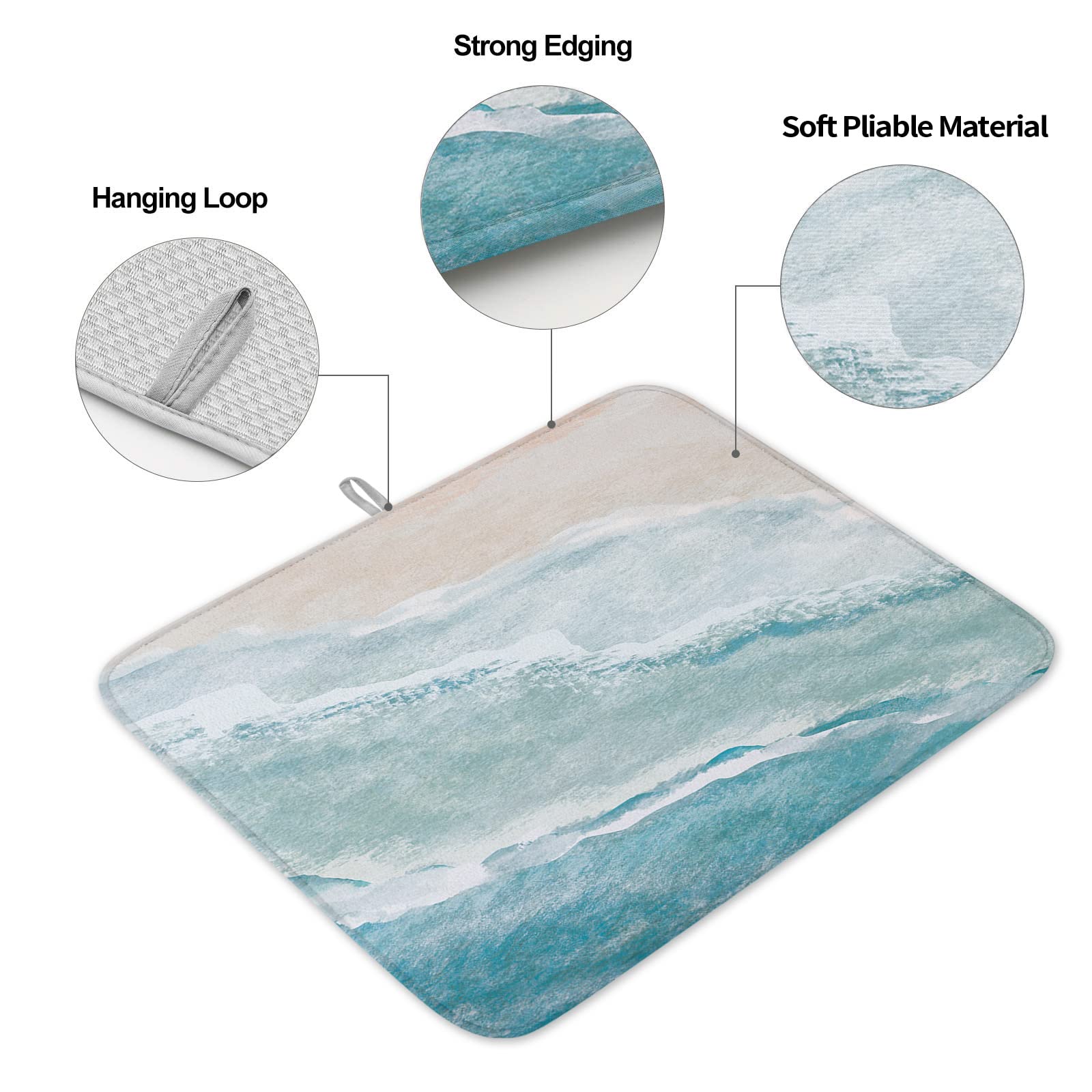 Summer Beach Dish Drying Mat for Kitchen Counter, Aqua Sea Waves Coastal Dish Mat Drying Kitchen Mat, Ocean Nautical Baby Bottle Microfiber Drying Pad, Absorbent Coffee Cup Dishes Drainer Mats 16"x18"