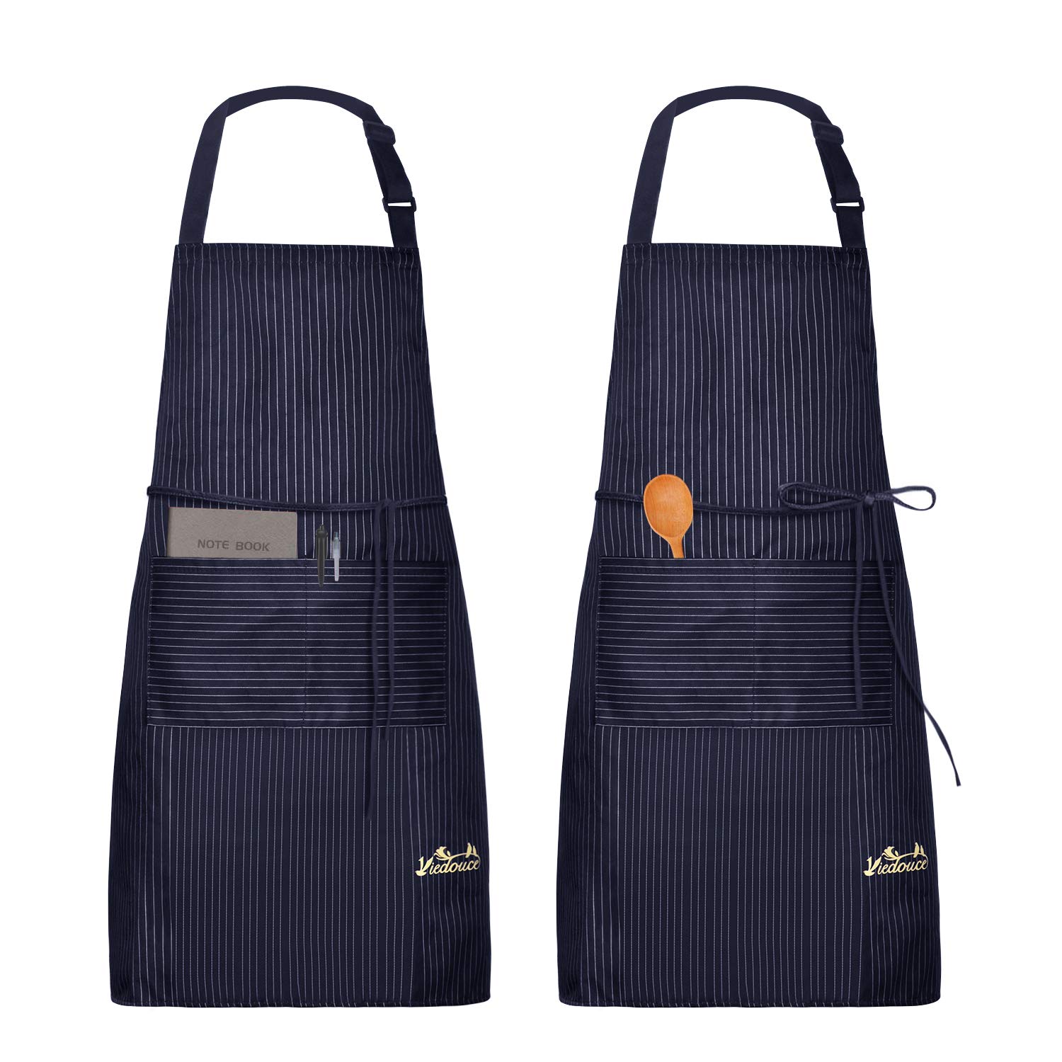 Viedouce 2 Packs Aprons Cooking Kitchen Waterproof,Adjustable Chef Apron with 2 Pockets for Home,Restaurant,Craft,Garden,BBQ,School,Coffee House,Apron for Men Women. (Stripe Navy)