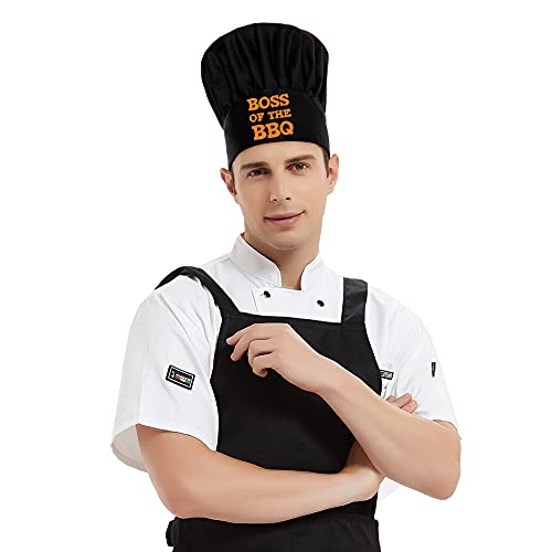 DYJYBMY Boss of The BBQ, Adult Adjustable Kitchen Cooking Hat with Elastic Band Chef Baker Cap Black, Funny BBQ Chef Hat for Men, Woman, Novelty Fathers Day Grilling Gift