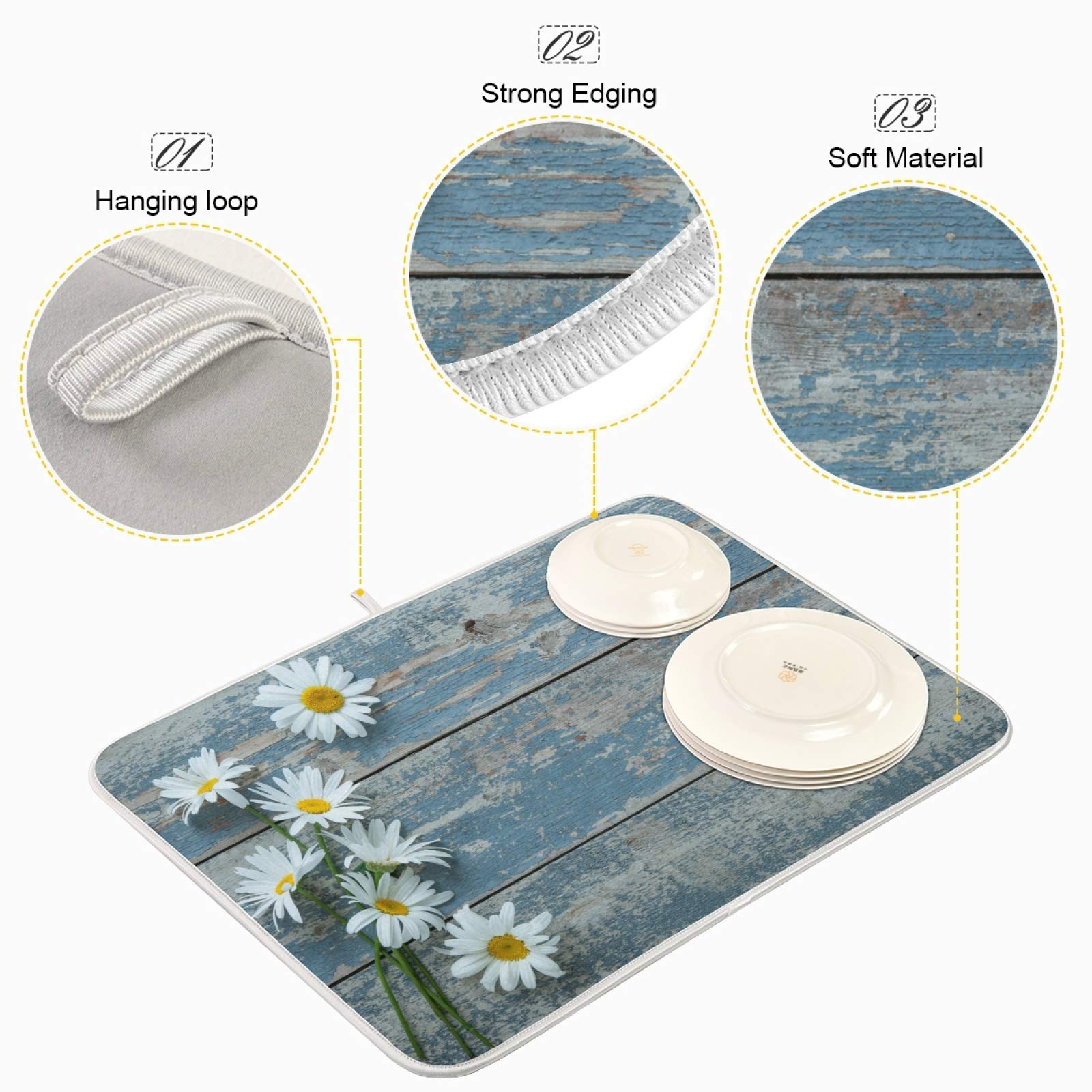 Kcldeci Daisy Wooden Dish Drying Mat,Spring Drying Mat For Kitchen Counter 16 x 18 Dish Drainer Mat Dish Rack Pad Kitchen Counter Mat