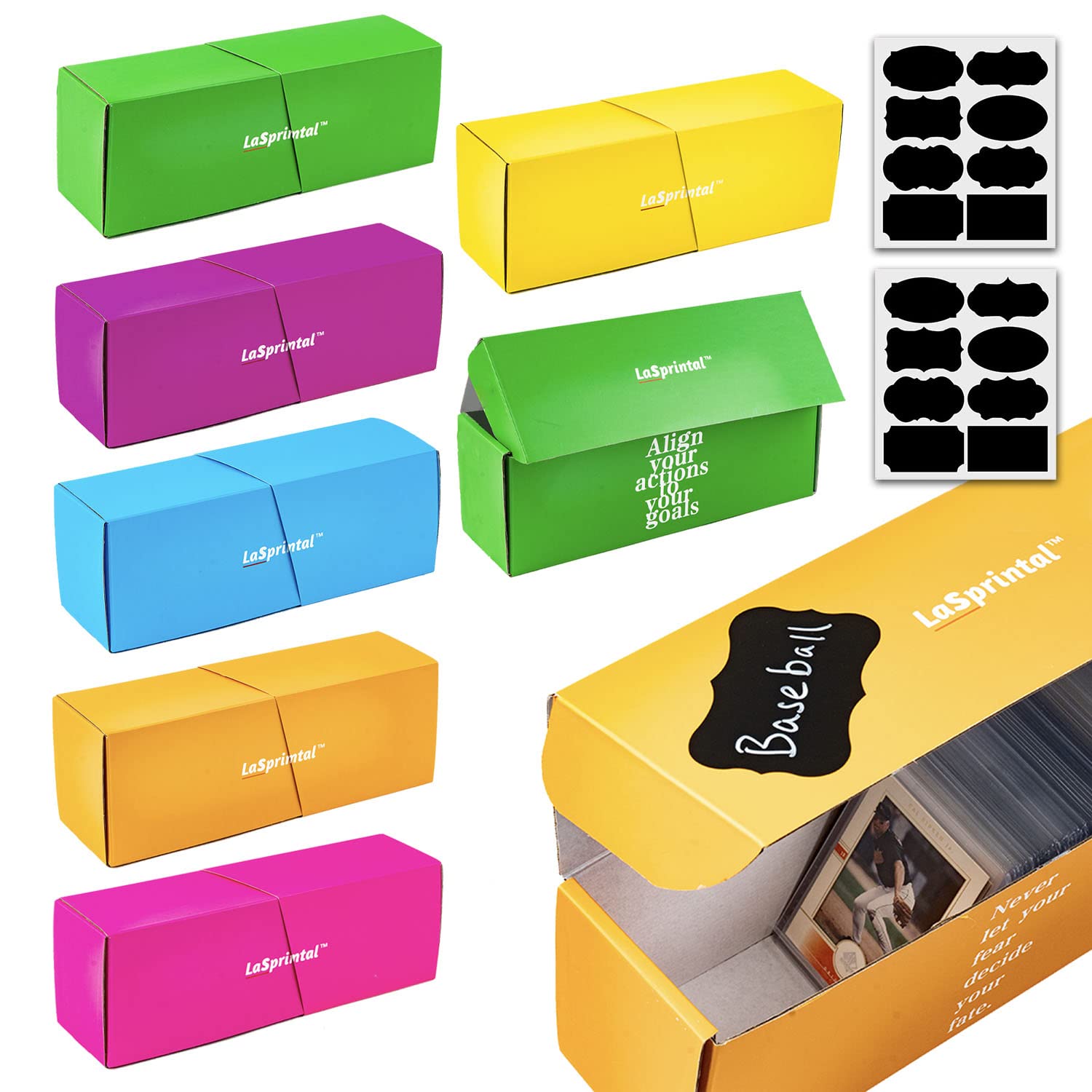 LASPRINTAL 6 Stylish Colorful Cardboard Trading Card Storage Box Combo, Card Box, Baseball Card Storage Box for Top Loaders and Cards Sleeves -for Sports Cards, Baseball Cards, Football Cards