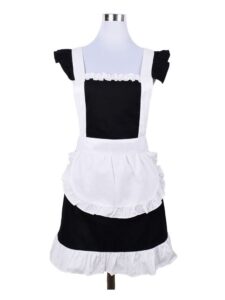 love potato cute sweet retro frilly aprons for girl women's kitchen cooking cleaning maid costume with pocket (black and white)