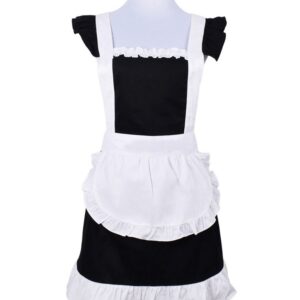 Love Potato Cute Sweet Retro Frilly Aprons for Girl Women's Kitchen Cooking Cleaning Maid Costume with Pocket (Black and White)