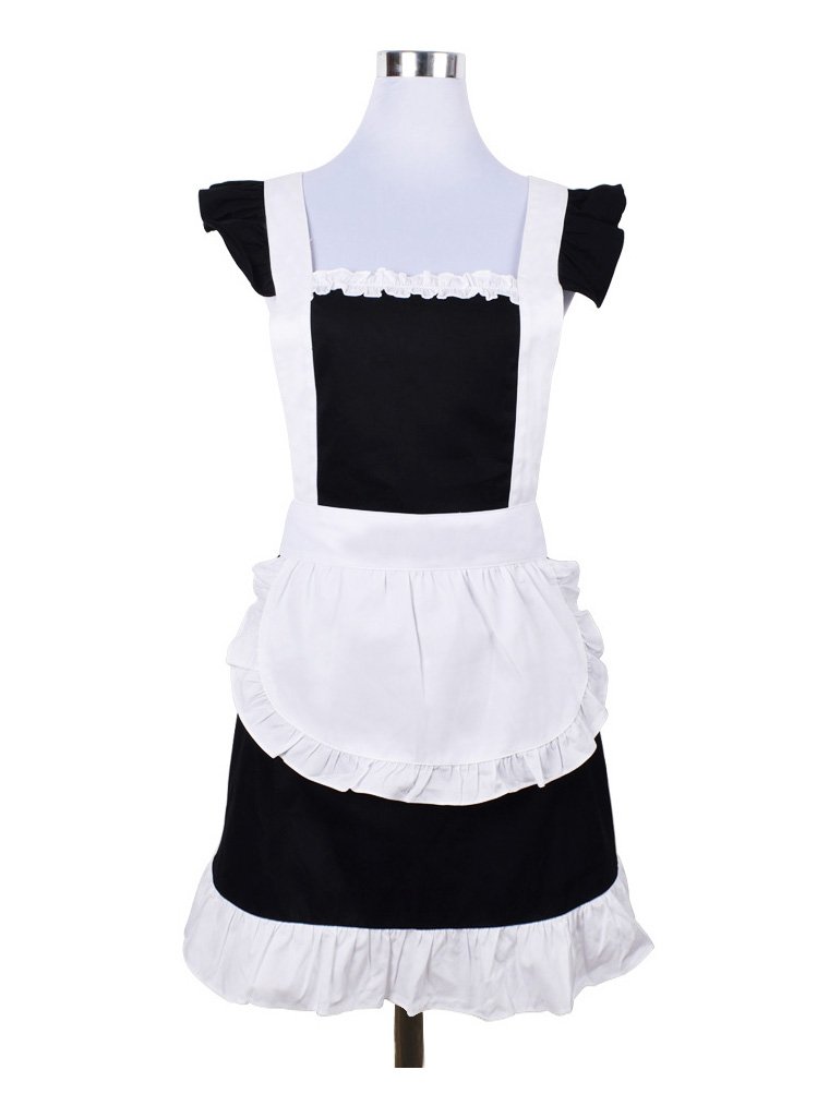 Love Potato Cute Sweet Retro Frilly Aprons for Girl Women's Kitchen Cooking Cleaning Maid Costume with Pocket (Black and White)