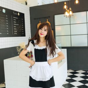 Love Potato Cute Sweet Retro Frilly Aprons for Girl Women's Kitchen Cooking Cleaning Maid Costume with Pocket (Black and White)