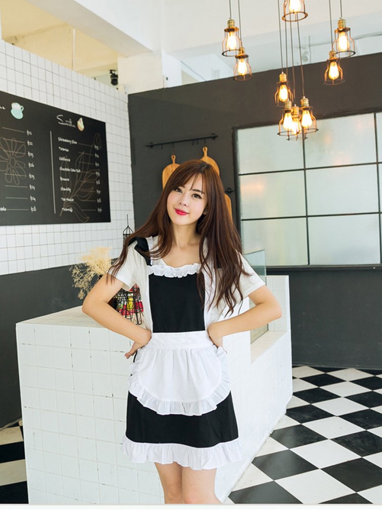 Love Potato Cute Sweet Retro Frilly Aprons for Girl Women's Kitchen Cooking Cleaning Maid Costume with Pocket (Black and White)