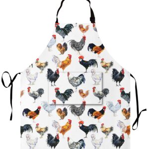 EEIVEUN Kitchen Apron Rooster Cockerel Chicken Farm Pattern Chef Bib Aprons for Women Men with Long Ties Waterdrop Oil Resistant Hostess Apron for Holidays Grill Cooking Baking BBQ