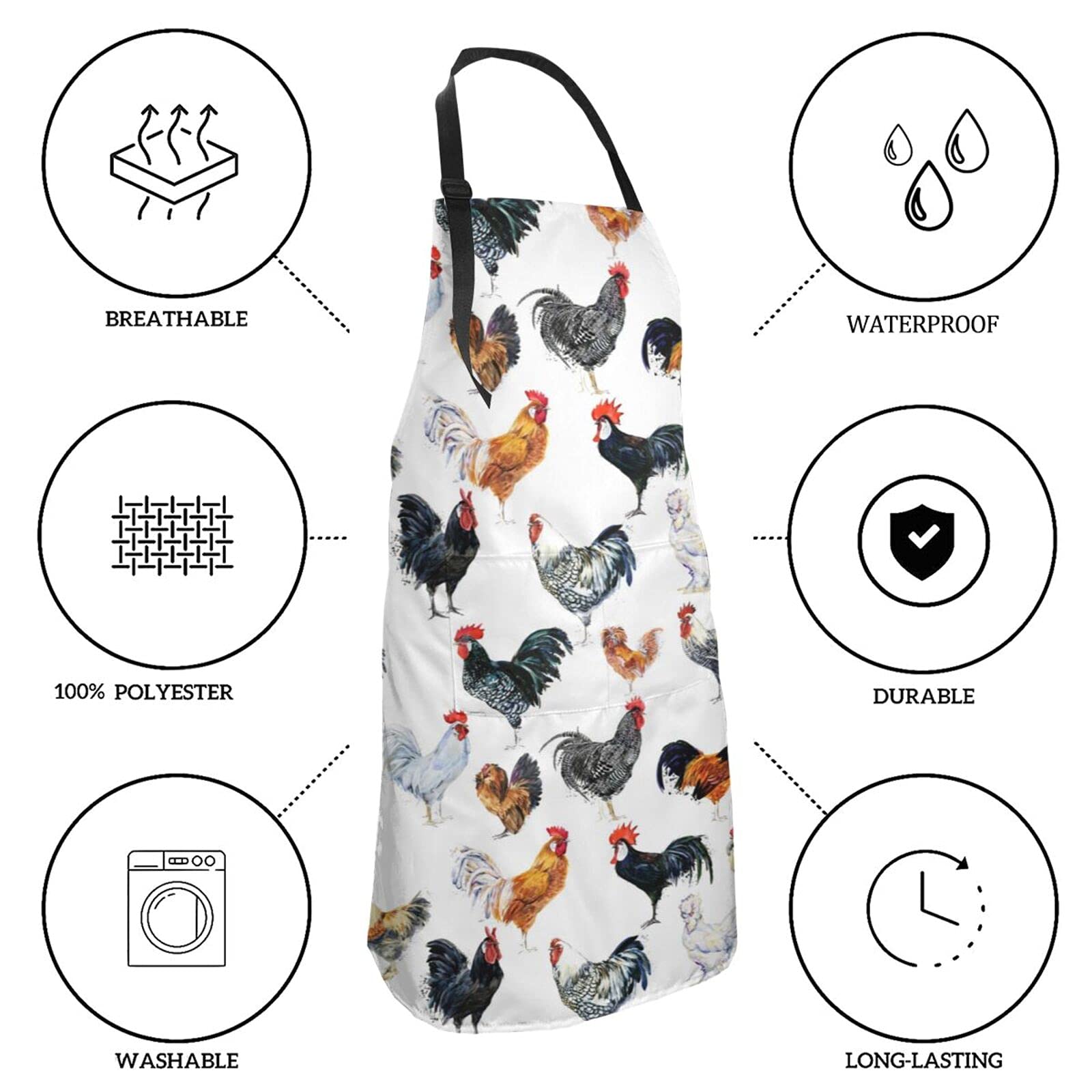 EEIVEUN Kitchen Apron Rooster Cockerel Chicken Farm Pattern Chef Bib Aprons for Women Men with Long Ties Waterdrop Oil Resistant Hostess Apron for Holidays Grill Cooking Baking BBQ