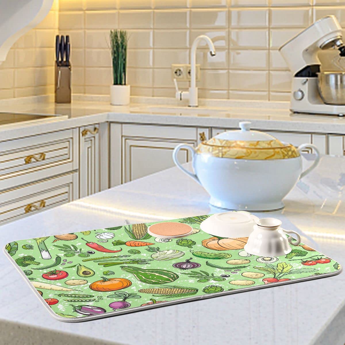 Absorbent Dish Drying Mat for Kitchen Counter - Fruit and Vegetable Microfiber Drying Pad, Reversible Drainer Mats for Countertop, Small 16 x 18 inch