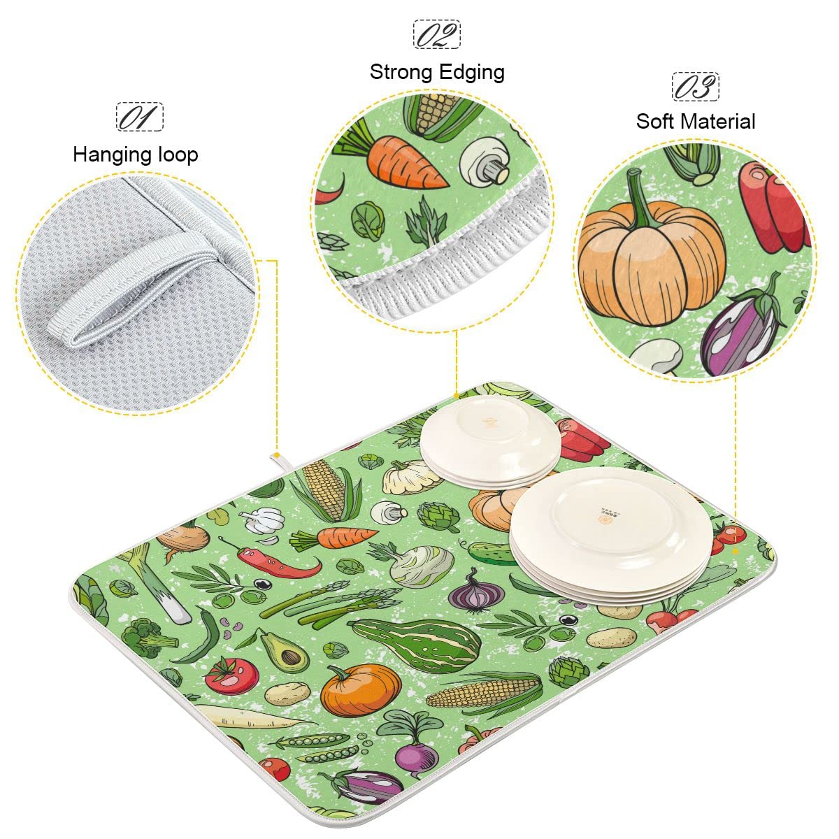 Absorbent Dish Drying Mat for Kitchen Counter - Fruit and Vegetable Microfiber Drying Pad, Reversible Drainer Mats for Countertop, Small 16 x 18 inch