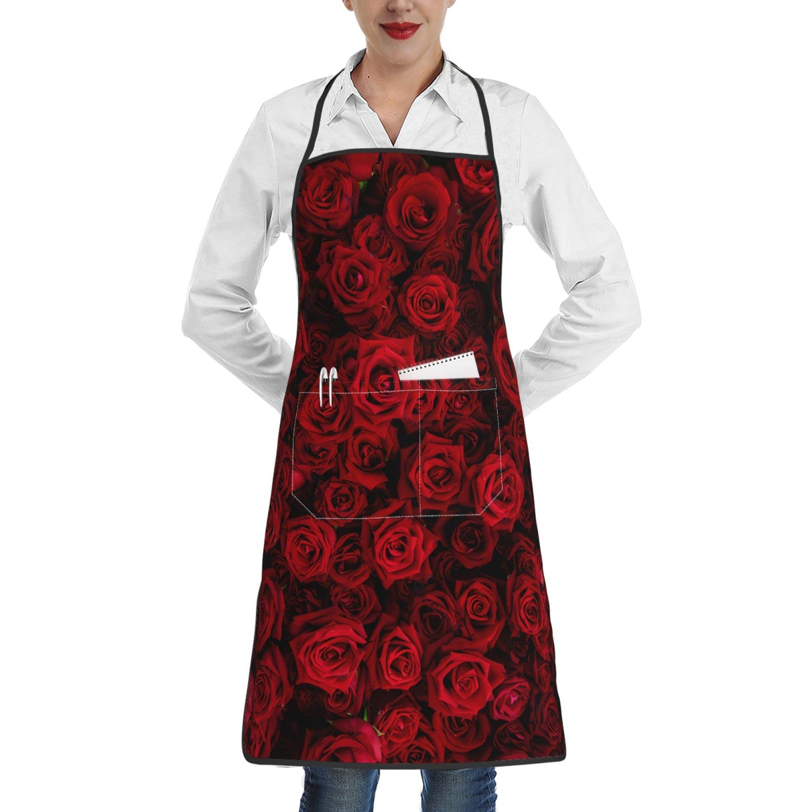 Qurdtt Rose Flowers Apron Home Kitchen Cooking Baking Gardening Cleaning for Women & Men with Pockets, Adult Gifts