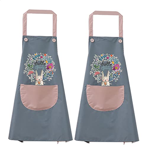 OBEKANN 2 Pack Kitchen Apron for women with Pockets, Unisex Cooking Chef Apron Waterproof, Aprons for Cooking Painting Housework Best Gift for Housewarming Holidays, Easter Bunny Wreath Blue