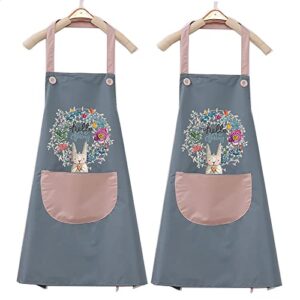 OBEKANN 2 Pack Kitchen Apron for women with Pockets, Unisex Cooking Chef Apron Waterproof, Aprons for Cooking Painting Housework Best Gift for Housewarming Holidays, Easter Bunny Wreath Blue