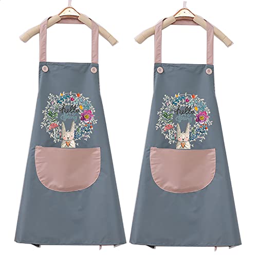 OBEKANN 2 Pack Kitchen Apron for women with Pockets, Unisex Cooking Chef Apron Waterproof, Aprons for Cooking Painting Housework Best Gift for Housewarming Holidays, Easter Bunny Wreath Blue