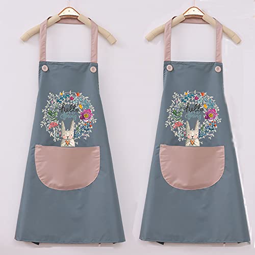 OBEKANN 2 Pack Kitchen Apron for women with Pockets, Unisex Cooking Chef Apron Waterproof, Aprons for Cooking Painting Housework Best Gift for Housewarming Holidays, Easter Bunny Wreath Blue