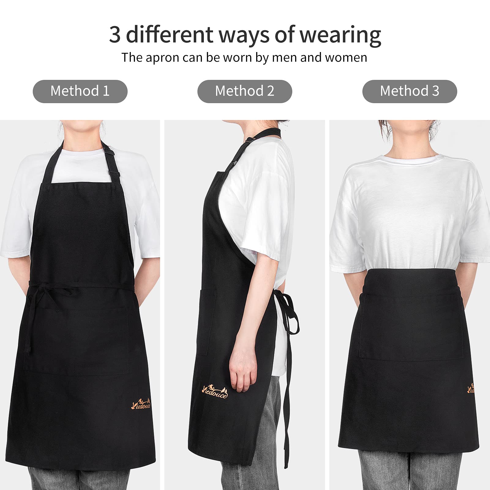 Viedouce 2 Packs Aprons Cotton,Cooking Kitchen Aprons,Adjustable Chef Apron with Pockets for Men Women,Black Aprons for Restaurant Garden Artist Garden BBQ,School,House