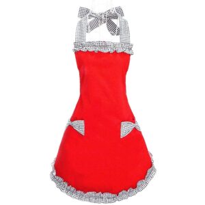 Hyzrz Cute Red Cotton Ruffle Youth Girls Apron Kitchen Cooking Aprons for Women with Pockets