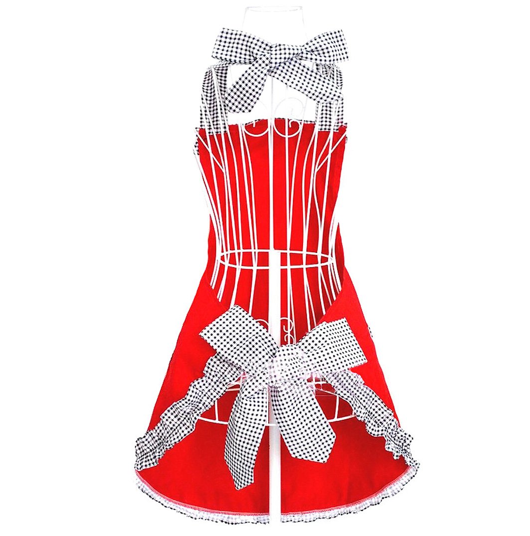 Hyzrz Cute Red Cotton Ruffle Youth Girls Apron Kitchen Cooking Aprons for Women with Pockets