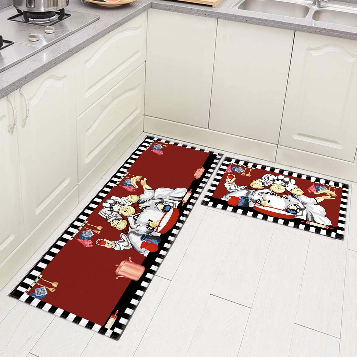 PRUKIVRA Kitchen Rugs and Mats,Non Skid Washable,Chef in Red Background,Set of 2,Anti-Fatigue Comfort Standing Mat for Floor, Office, Sink, Laundry(17"x52"+17"x26")