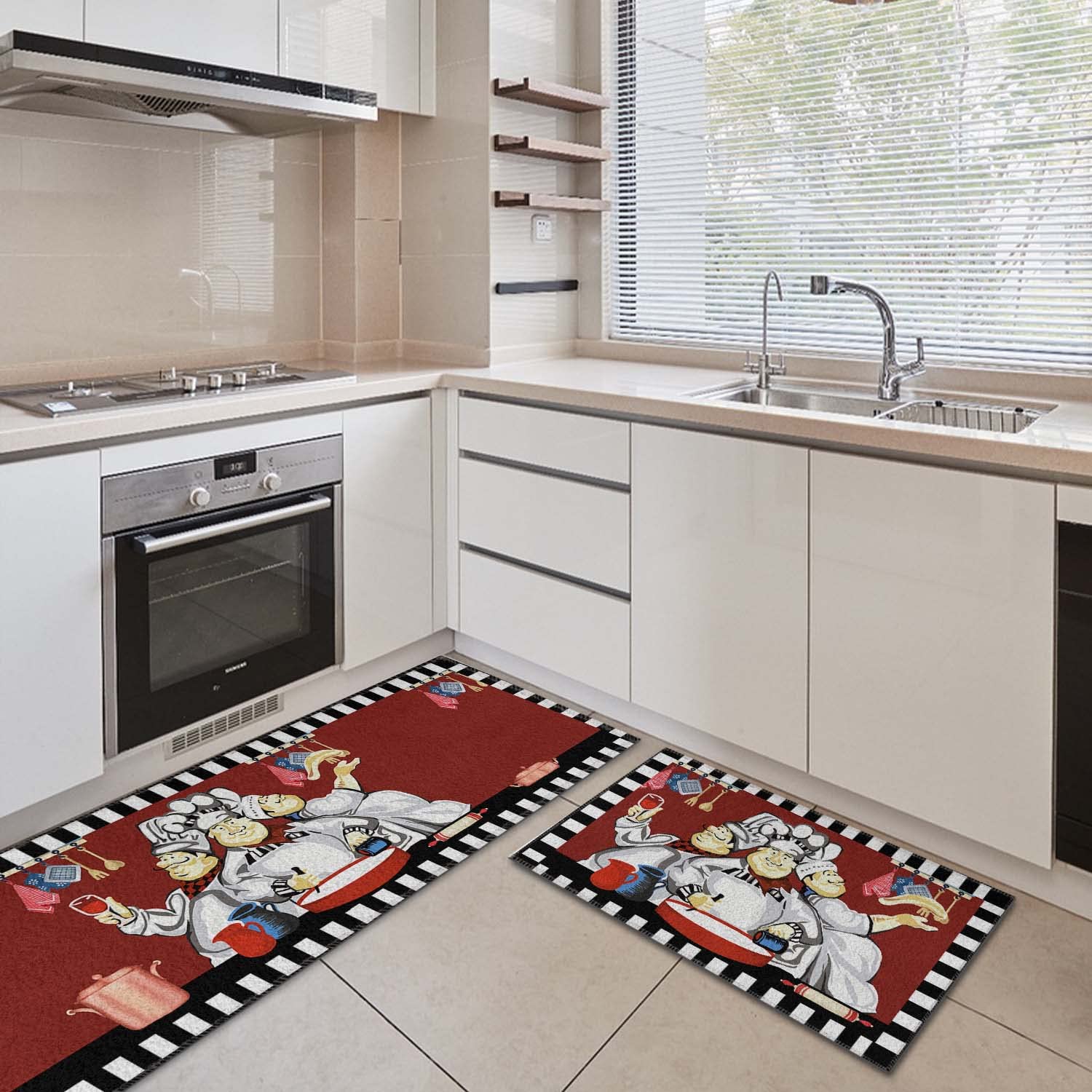 PRUKIVRA Kitchen Rugs and Mats,Non Skid Washable,Chef in Red Background,Set of 2,Anti-Fatigue Comfort Standing Mat for Floor, Office, Sink, Laundry(17"x52"+17"x26")