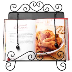 mygift black metal cookbook stand for kitchen counter, cookbook easel stand with weighted page holder and vintage scrollwork design