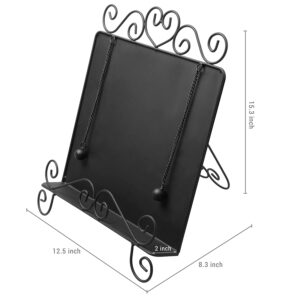 MyGift Black Metal Cookbook Stand for Kitchen Counter, Cookbook Easel Stand with Weighted Page Holder and Vintage Scrollwork Design