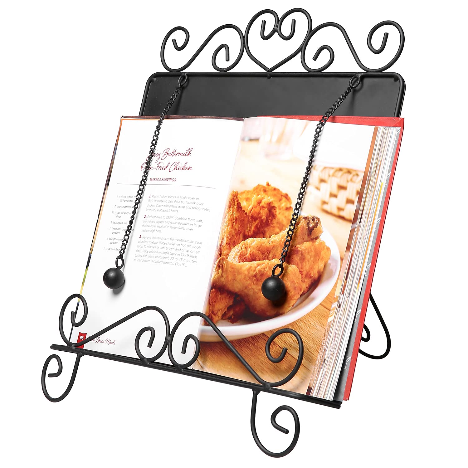 MyGift Black Metal Cookbook Stand for Kitchen Counter, Cookbook Easel Stand with Weighted Page Holder and Vintage Scrollwork Design