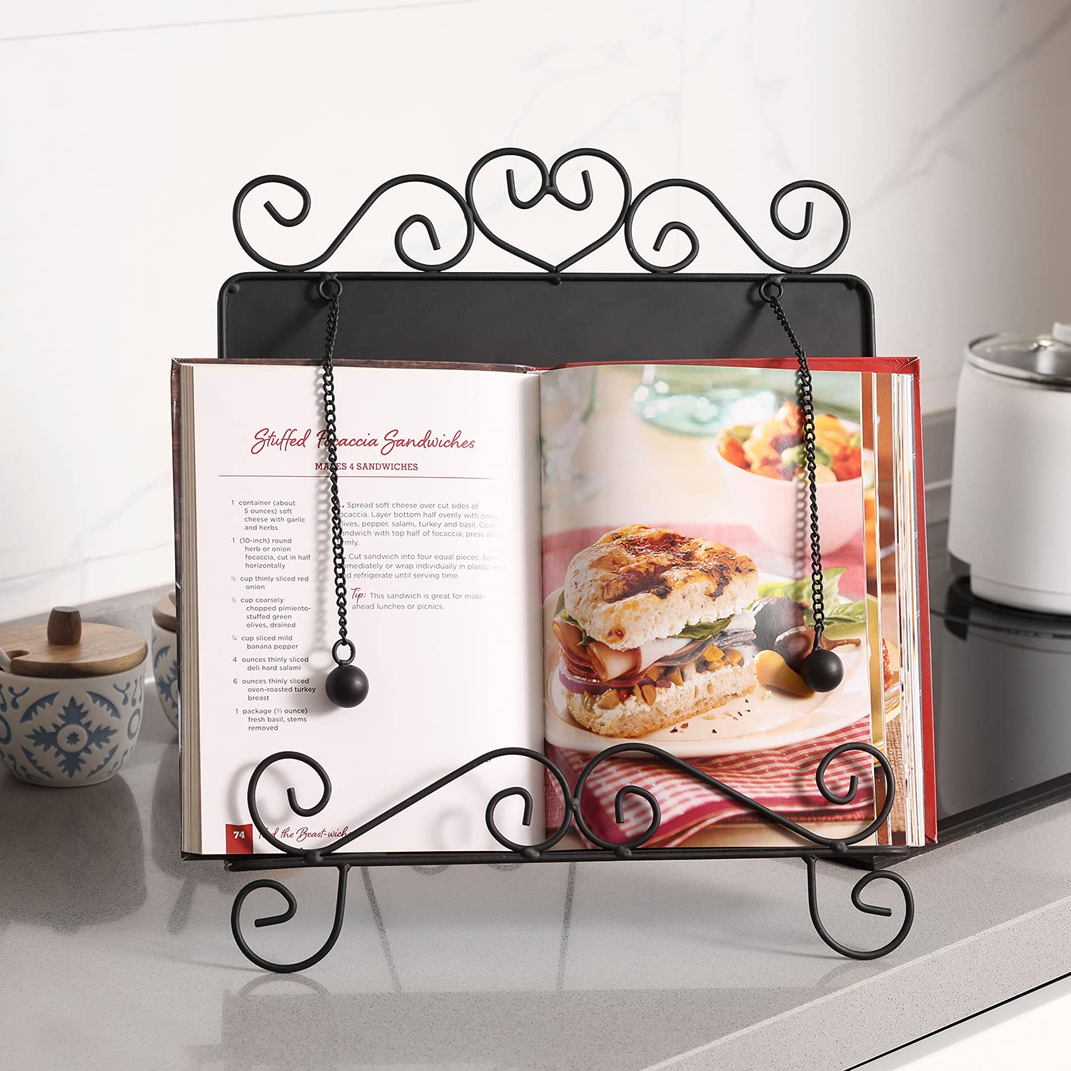 MyGift Black Metal Cookbook Stand for Kitchen Counter, Cookbook Easel Stand with Weighted Page Holder and Vintage Scrollwork Design