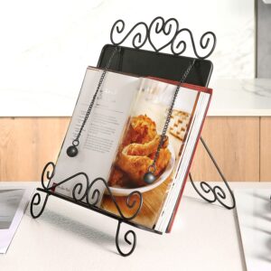 MyGift Black Metal Cookbook Stand for Kitchen Counter, Cookbook Easel Stand with Weighted Page Holder and Vintage Scrollwork Design