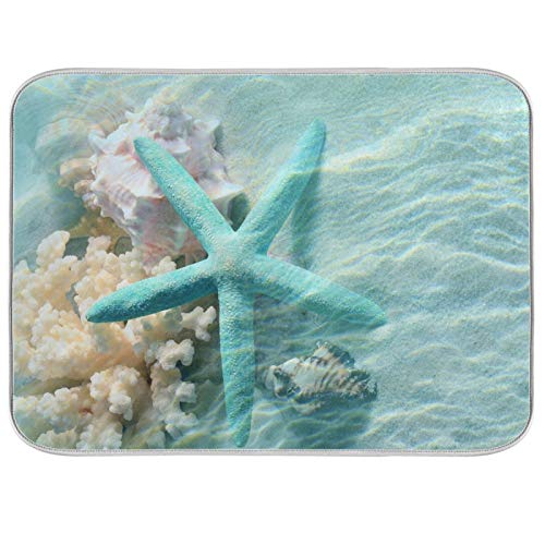 Summer Beach Starfish Absorbent Kitchen Dish Drying Mat Reversible 16"x 18",Seashell Drying Pad Protector for Counter Sinks Dining Table