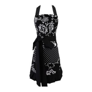 surblue women vintage ruffle floral apron with 2 pocket, adjustable extra-long tie,100% organic cotton printing, black