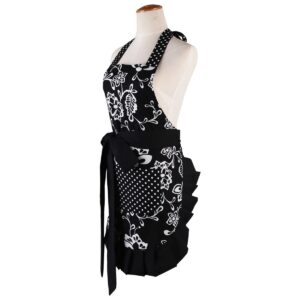 Surblue Women Vintage Ruffle Floral Apron with 2 Pocket, Adjustable Extra-Long Tie,100% Organic Cotton Printing, Black