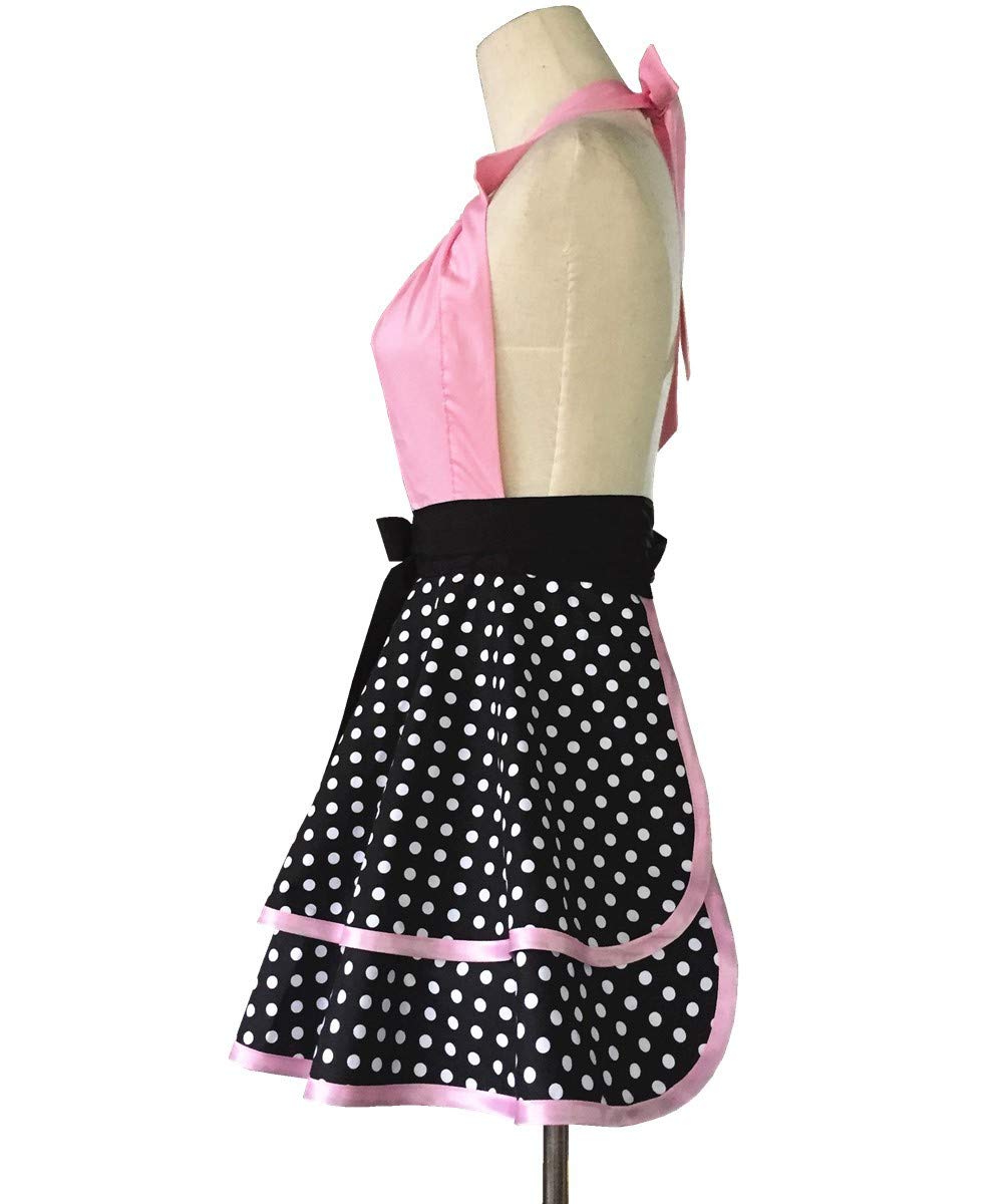 Hyzrz Cute Retro Apron Vintage Maid Polka Dot Kitchen Cooking Aprons for Women Ladies Girls (Pink)