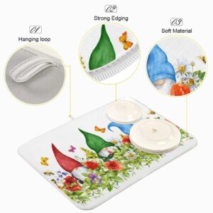 Kcldeci Dish Drying Mat for Kitchen Gnomes Family In Summer Flowers And Butterfly Counter 18x24 inch-Absorbent Microfiber Dish Mat, Reversible Drying Pad Dish Drainer Rack Mats for Countertop Fast Dry