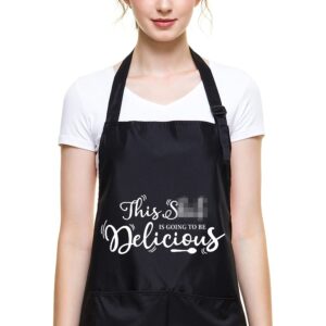 ihopes funny black apron for women men - this is going to be delicious - cute kitchen chef apron with 2 pockets and adjustable neck strap - perfect gifts for birthday/christmas/thanksgiving for family
