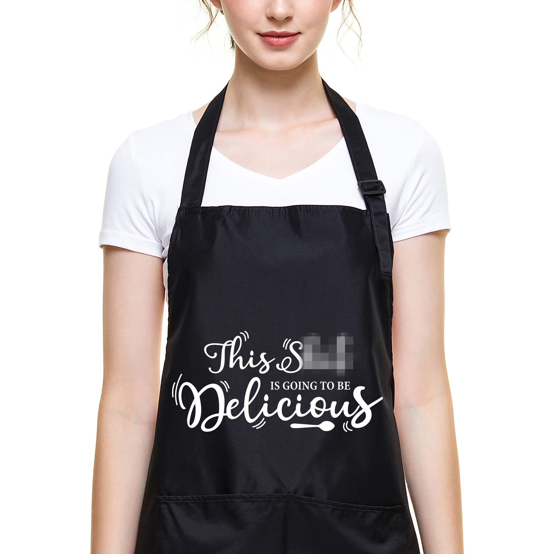 Ihopes Funny Black Apron for Women Men - This is Going to be Delicious - Cute Kitchen Chef Apron with 2 Pockets and Adjustable Neck Strap - Perfect Gifts for Birthday/Christmas/Thanksgiving for Family