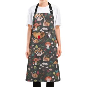 linqin mushroom with snails aprons for women men adjustable bib kitchen chef apron with 2 pockets long ties for cooking, bbq