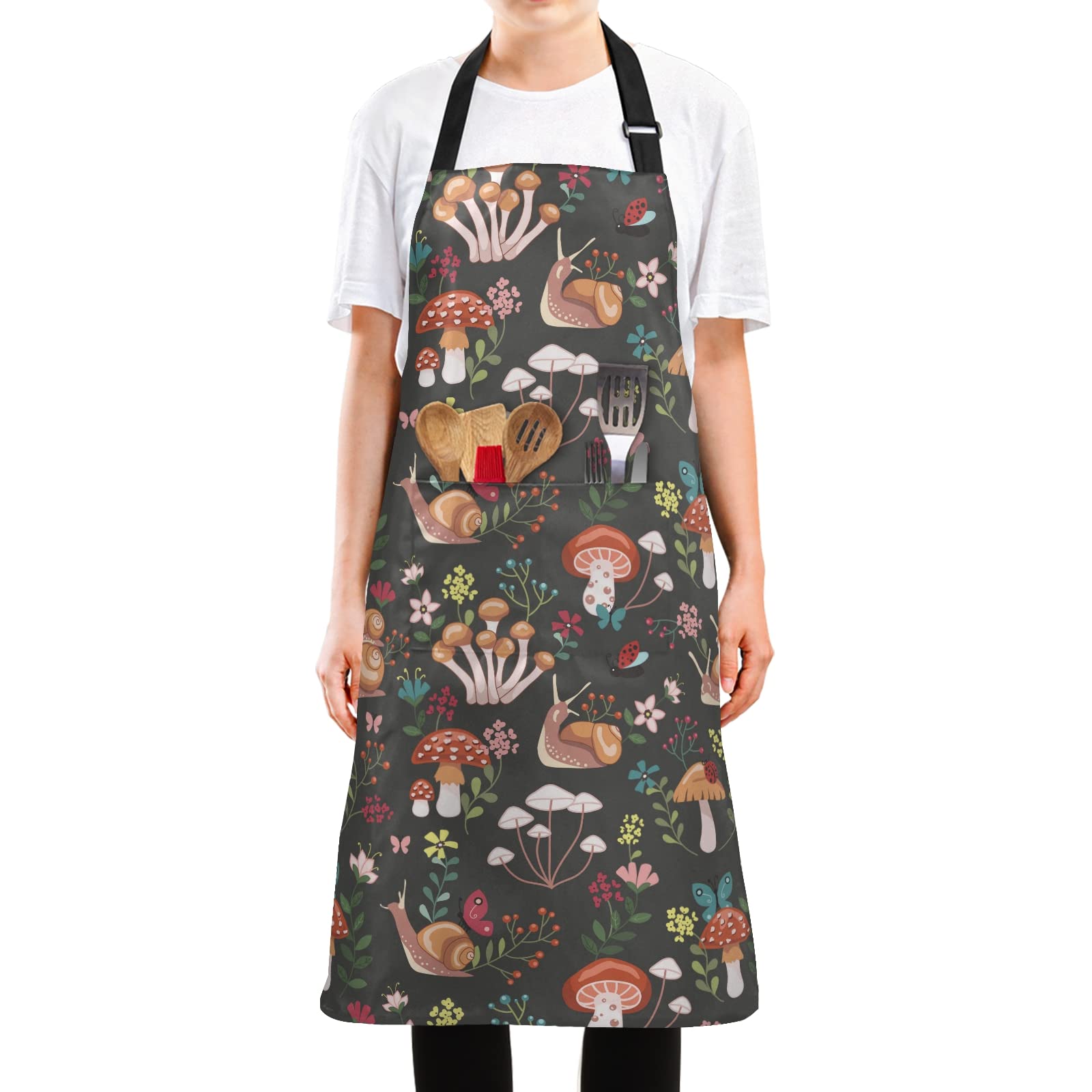 linqin Mushroom with Snails Aprons for Women Men Adjustable Bib Kitchen Chef Apron with 2 Pockets Long Ties for Cooking, BBQ