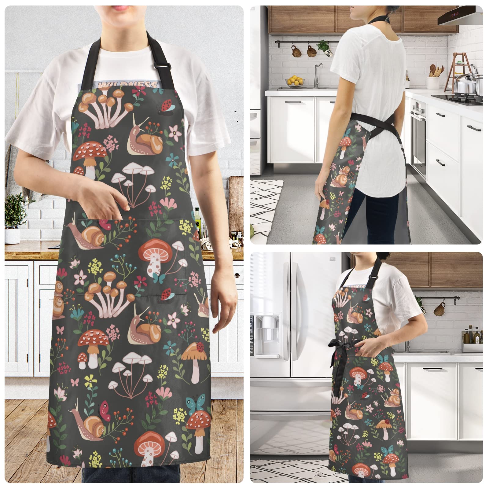 linqin Mushroom with Snails Aprons for Women Men Adjustable Bib Kitchen Chef Apron with 2 Pockets Long Ties for Cooking, BBQ