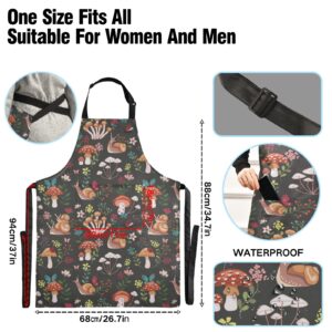 linqin Mushroom with Snails Aprons for Women Men Adjustable Bib Kitchen Chef Apron with 2 Pockets Long Ties for Cooking, BBQ