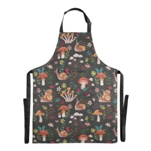 linqin Mushroom with Snails Aprons for Women Men Adjustable Bib Kitchen Chef Apron with 2 Pockets Long Ties for Cooking, BBQ