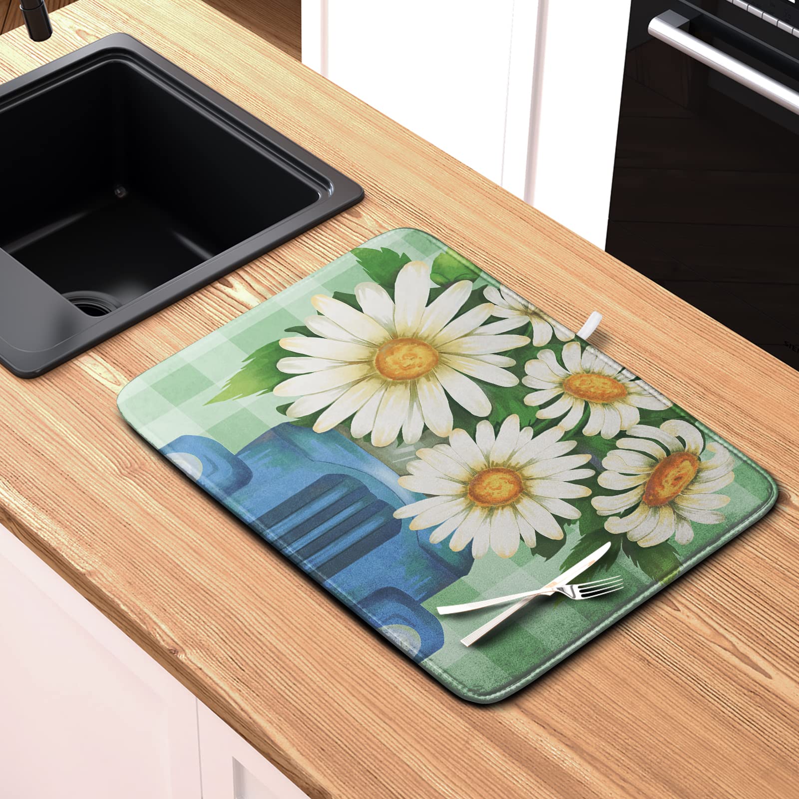 Kwlegh Daisy Dish Drying Mat for Kitchen Counter White Flowers Dish Mat Blue Truck Dish Mat Drying Kitchen Mat Reversible Microfiber Absorbent Coffee Bar Mat for Sinks Dining Table 16x18 Inch