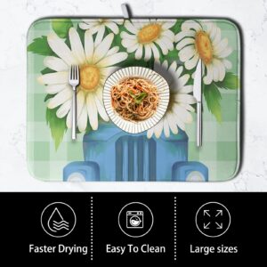 Kwlegh Daisy Dish Drying Mat for Kitchen Counter White Flowers Dish Mat Blue Truck Dish Mat Drying Kitchen Mat Reversible Microfiber Absorbent Coffee Bar Mat for Sinks Dining Table 16x18 Inch