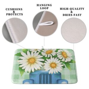 Kwlegh Daisy Dish Drying Mat for Kitchen Counter White Flowers Dish Mat Blue Truck Dish Mat Drying Kitchen Mat Reversible Microfiber Absorbent Coffee Bar Mat for Sinks Dining Table 16x18 Inch
