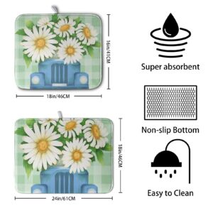 Kwlegh Daisy Dish Drying Mat for Kitchen Counter White Flowers Dish Mat Blue Truck Dish Mat Drying Kitchen Mat Reversible Microfiber Absorbent Coffee Bar Mat for Sinks Dining Table 16x18 Inch