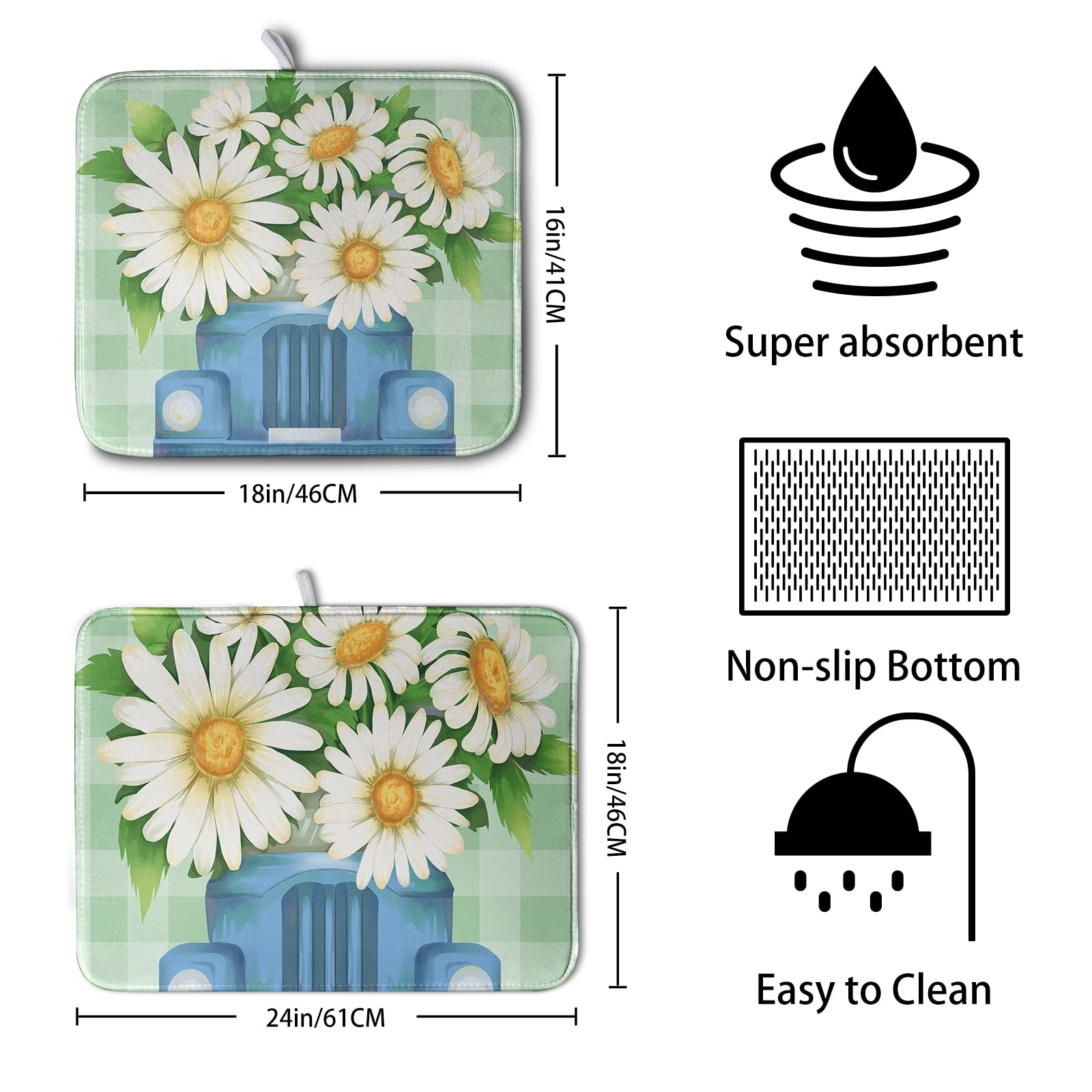 Kwlegh Daisy Dish Drying Mat for Kitchen Counter White Flowers Dish Mat Blue Truck Dish Mat Drying Kitchen Mat Reversible Microfiber Absorbent Coffee Bar Mat for Sinks Dining Table 16x18 Inch